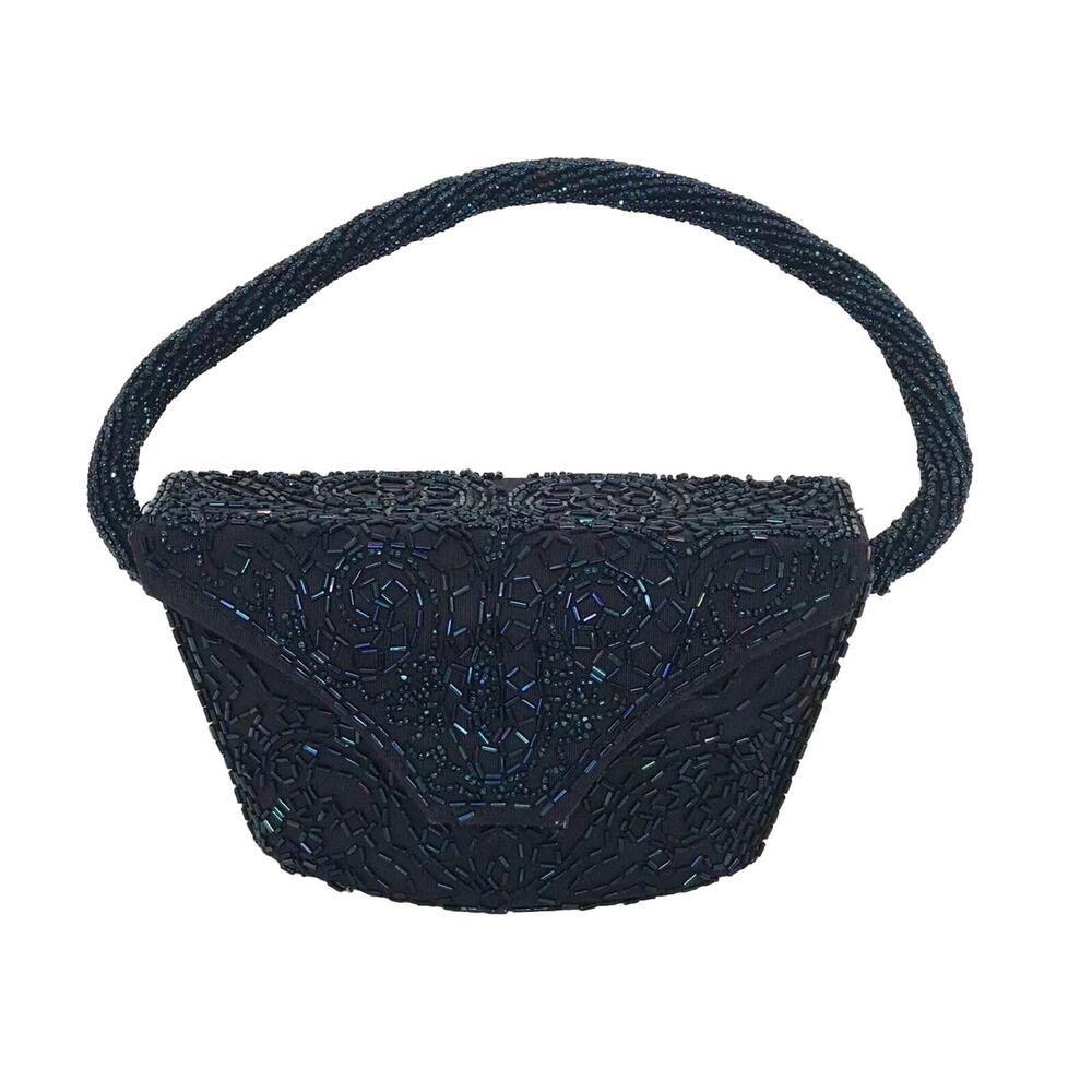 Vintage Silk Taffeta Beaded Bucket Purse Handbag Embellished Rauf Co Snap